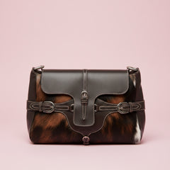 Jimmy Choo Fur and Leather Buckle Shoulder Bag Dark Brown / Black / White