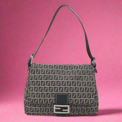 Fendi Zucchino Canvas Mamma Baguette Shoulder Bag Navy