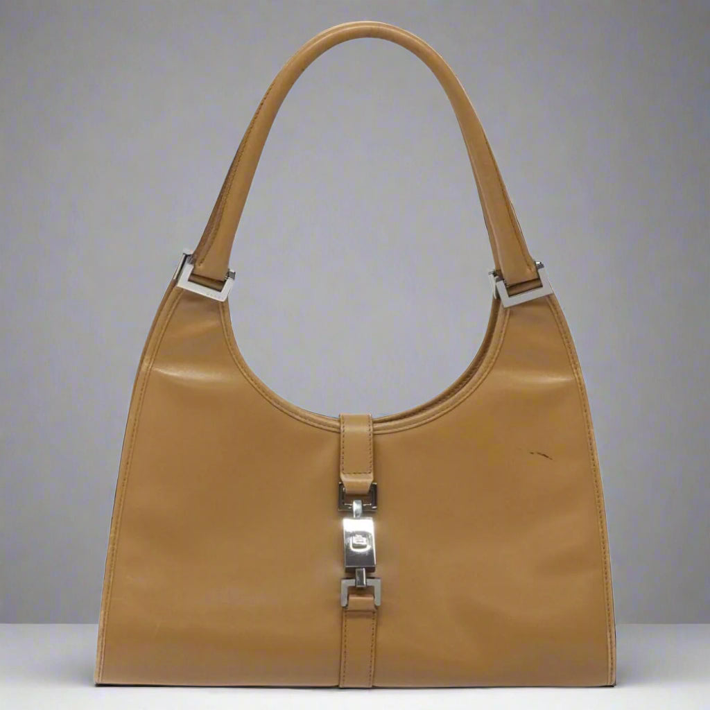 GUCCI Jackie Hand Bag Leather Beige Silver