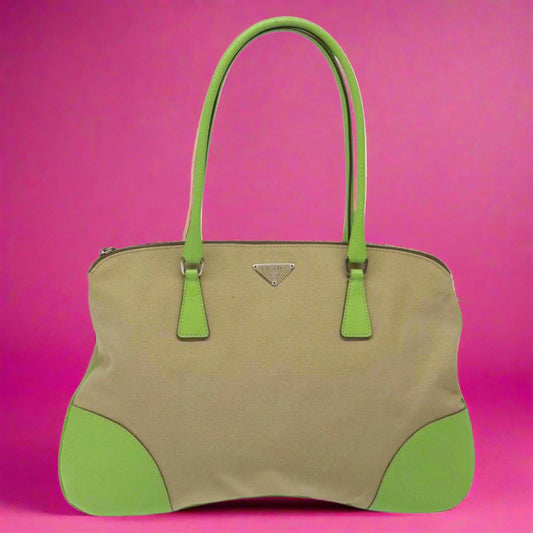 Prada Shoulder Bag Canvas Beige Green