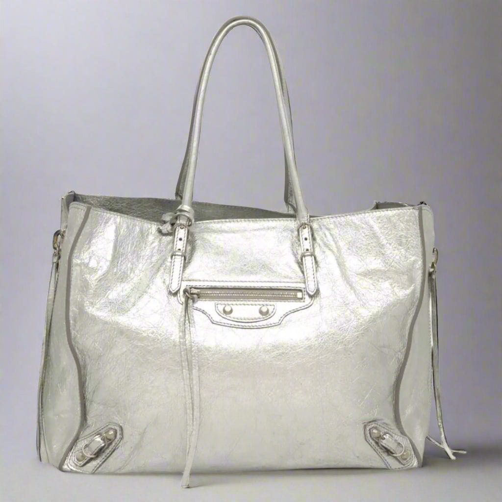 BALENCIAGA Paper Hand Bag Leather Silver