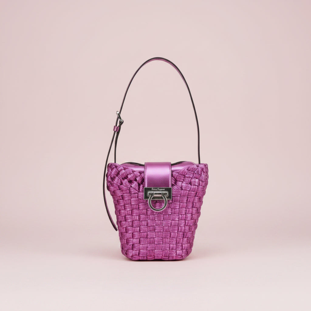 Salvatore Ferragamo Trifolio Bucket Bag in Fuchsia Woven Leather