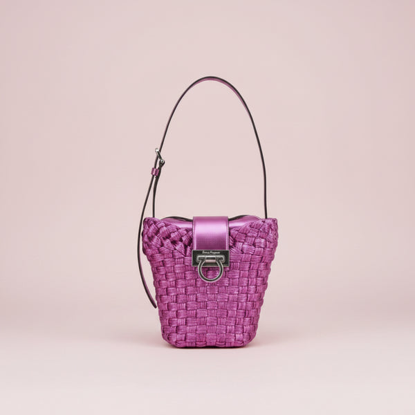 Salvatore Ferragamo Trifolio Bucket Bag in Fuchsia Woven Leather