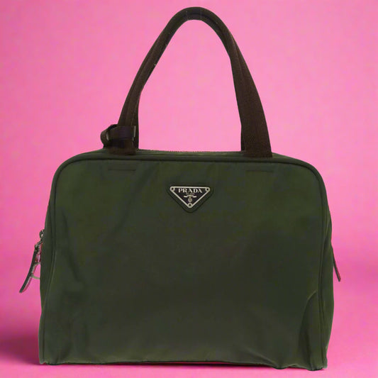 Prada Hand Bag Nylon Khaki Silver